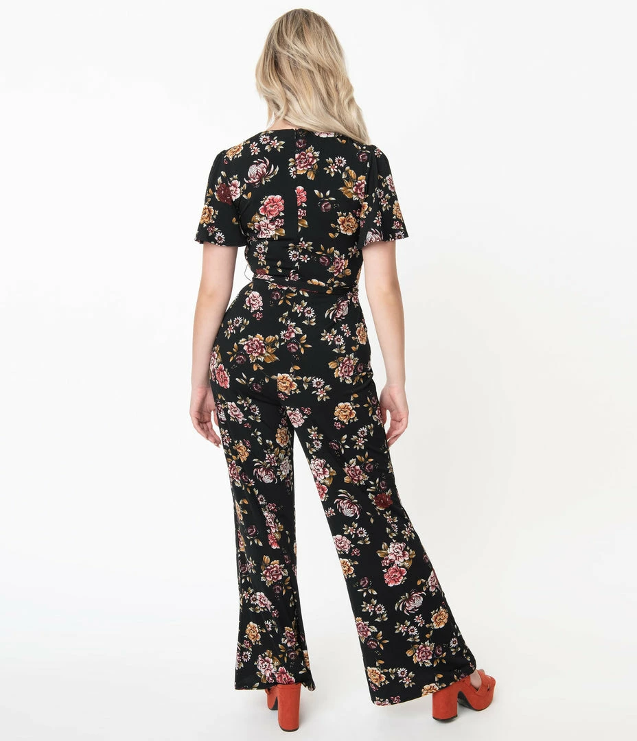 Sale Unique Vintage Black & Pink Floral Heddy Jumpsuit