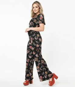 Sale Unique Vintage Black & Pink Floral Heddy Jumpsuit