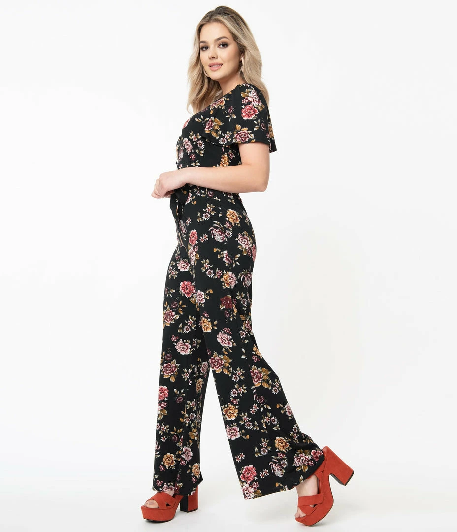 Sale Unique Vintage Black & Pink Floral Heddy Jumpsuit