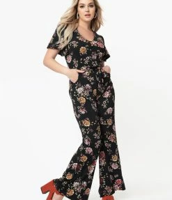 Sale Unique Vintage Black & Pink Floral Heddy Jumpsuit