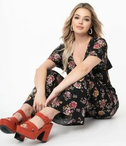 Sale Unique Vintage Black & Pink Floral Heddy Jumpsuit