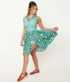 Unique Vintage Green Strawberry Floral Print Collins Wrap Swing Skirt Sale