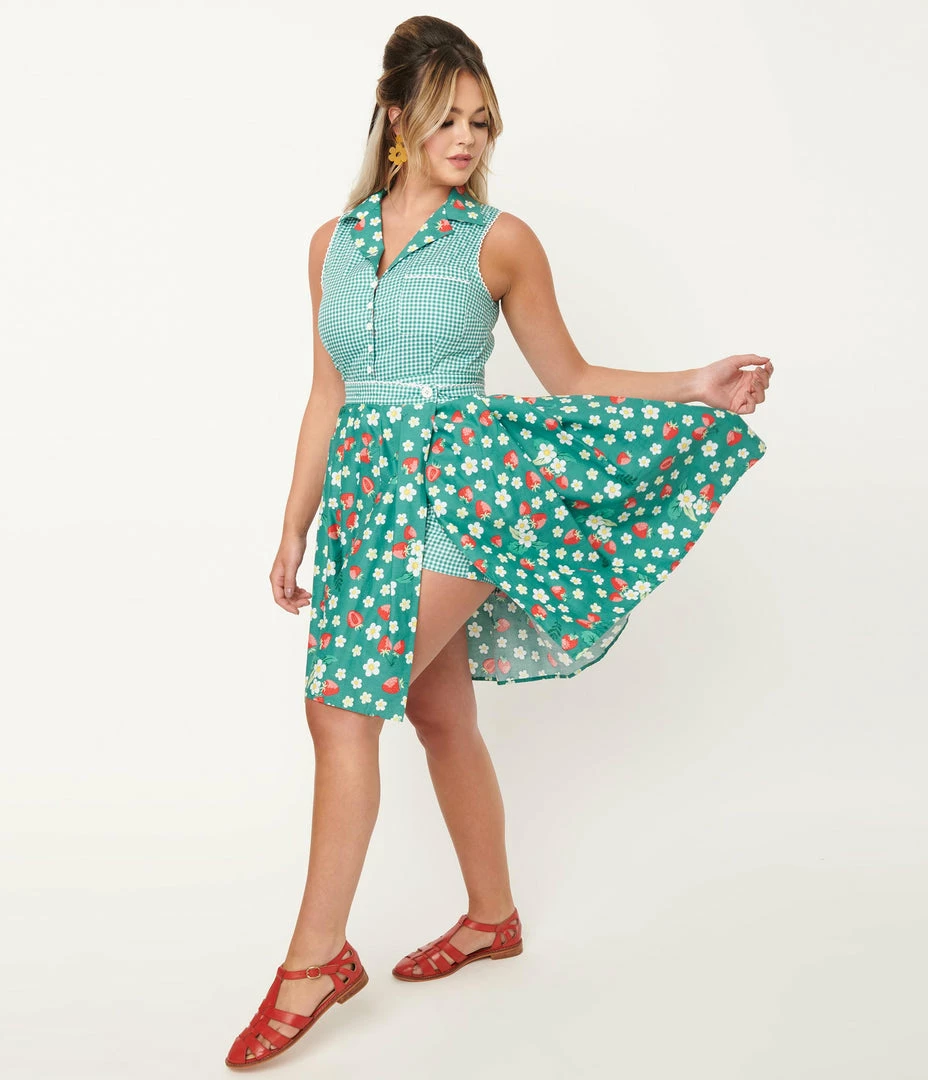 Unique Vintage Green Strawberry Floral Print Collins Wrap Swing Skirt Sale
