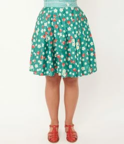 Unique Vintage Green Strawberry Floral Print Collins Wrap Swing Skirt Sale