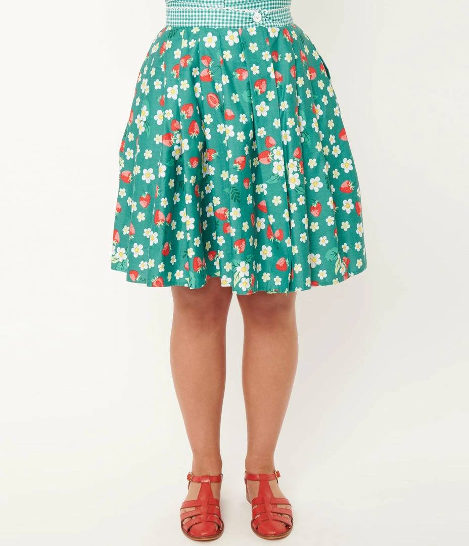 Unique Vintage Green Strawberry Floral Print Collins Wrap Swing Skirt Sale