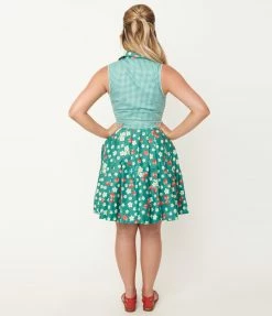Unique Vintage Green Strawberry Floral Print Collins Wrap Swing Skirt Sale