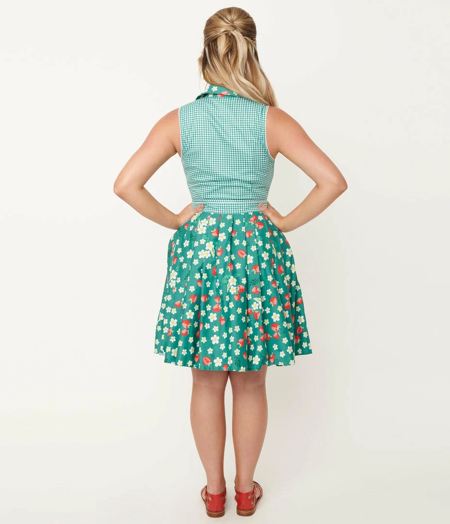 Unique Vintage Green Strawberry Floral Print Collins Wrap Swing Skirt Sale