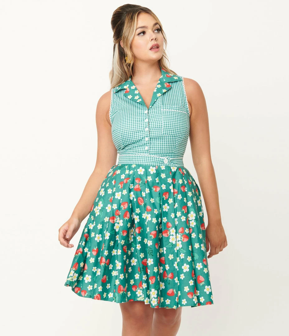 Unique Vintage Green Strawberry Floral Print Collins Wrap Swing Skirt Sale