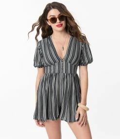 Top Style Black & White Pattern Stripes Short Sleeve Romper Sale