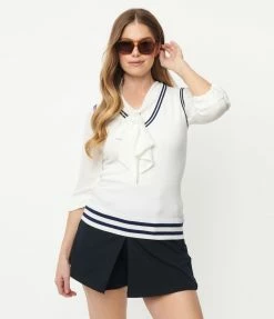 Sale Unique Vintage White & Navy Brando Sweater Vest