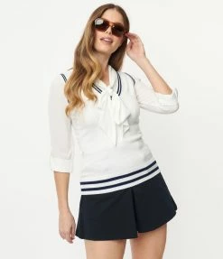 Sale Unique Vintage White & Navy Brando Sweater Vest