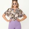 Unique Vintage Black & Multicolor Garden Floral Print Cecilia Blouse