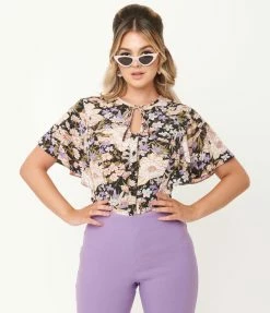 Unique Vintage Black & Multicolor Garden Floral Print Cecilia Blouse