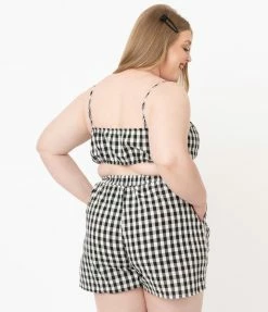 No Less Than Sale Plus Size Black & White Gingham Crop Top