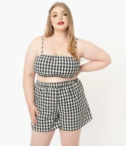 No Less Than Sale Plus Size Black & White Gingham Crop Top