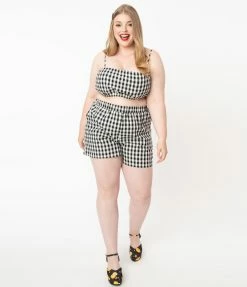 No Less Than Plus Size Black & White Gingham High Waist Shorts Sale