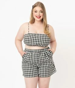 No Less Than Plus Size Black & White Gingham High Waist Shorts Sale