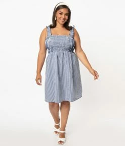 White Birch Plus Size Blue & White Gingham Smocked Mini Dress Sale