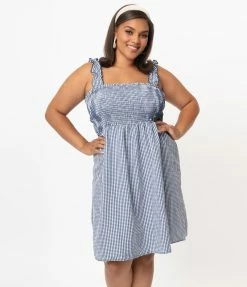 White Birch Plus Size Blue & White Gingham Smocked Mini Dress Sale