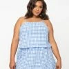 No Less Than Plus Size Retro Style Blue & White Gingham Crop Top Sale