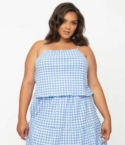 No Less Than Plus Size Retro Style Blue & White Gingham Crop Top Sale