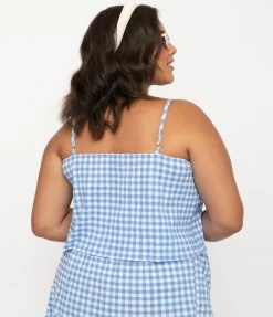 No Less Than Plus Size Retro Style Blue & White Gingham Crop Top Sale