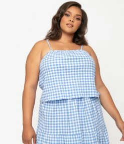 No Less Than Plus Size Retro Style Blue & White Gingham Crop Top Sale