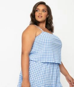No Less Than Plus Size Retro Style Blue & White Gingham Crop Top Sale
