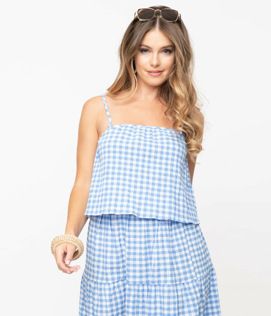 No Less Than Sale Retro Style Blue & White Gingham Crop Top