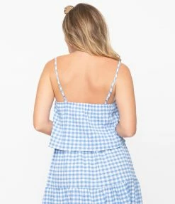No Less Than Sale Retro Style Blue & White Gingham Crop Top