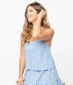 No Less Than Sale Retro Style Blue & White Gingham Crop Top