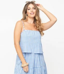 No Less Than Sale Retro Style Blue & White Gingham Crop Top