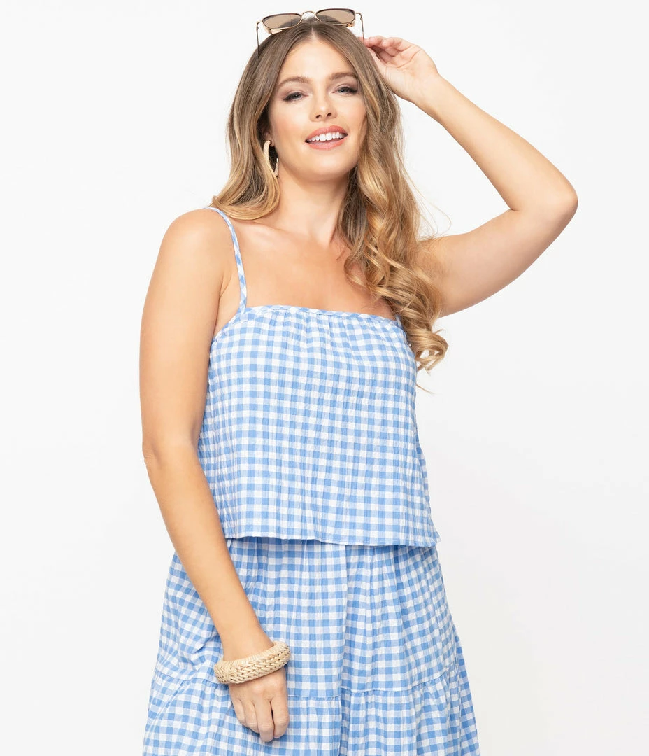 No Less Than Sale Retro Style Blue & White Gingham Crop Top