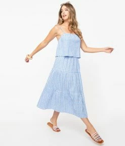 No Less Than Blue & White Gingham Tiered Midi Skirt Sale