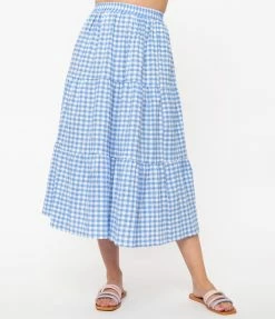 No Less Than Blue & White Gingham Tiered Midi Skirt Sale