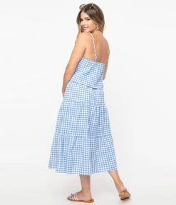 No Less Than Blue & White Gingham Tiered Midi Skirt Sale