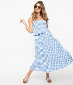 No Less Than Blue & White Gingham Tiered Midi Skirt Sale