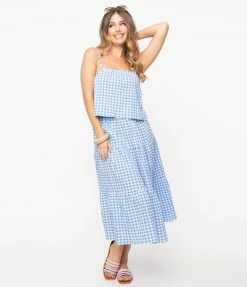 No Less Than Blue & White Gingham Tiered Midi Skirt Sale