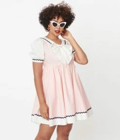 Sale Unique Vintage Light Pink & White Sailor Darla Babydoll Dress
