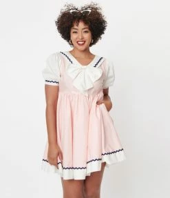 Sale Unique Vintage Light Pink & White Sailor Darla Babydoll Dress