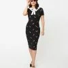 Unique Vintage Black & Pierced Heart Print Renata Pencil Dress