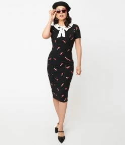 Unique Vintage Black & Pierced Heart Print Renata Pencil Dress