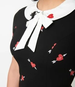 Unique Vintage Black & Pierced Heart Print Renata Pencil Dress