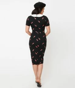 Unique Vintage Black & Pierced Heart Print Renata Pencil Dress