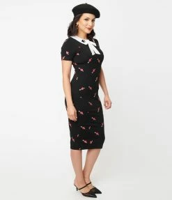 Unique Vintage Black & Pierced Heart Print Renata Pencil Dress