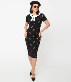 Unique Vintage Black & Pierced Heart Print Renata Pencil Dress