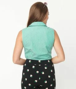 Unique Vintage Green & White Stripe Bow Truvy Top Sale