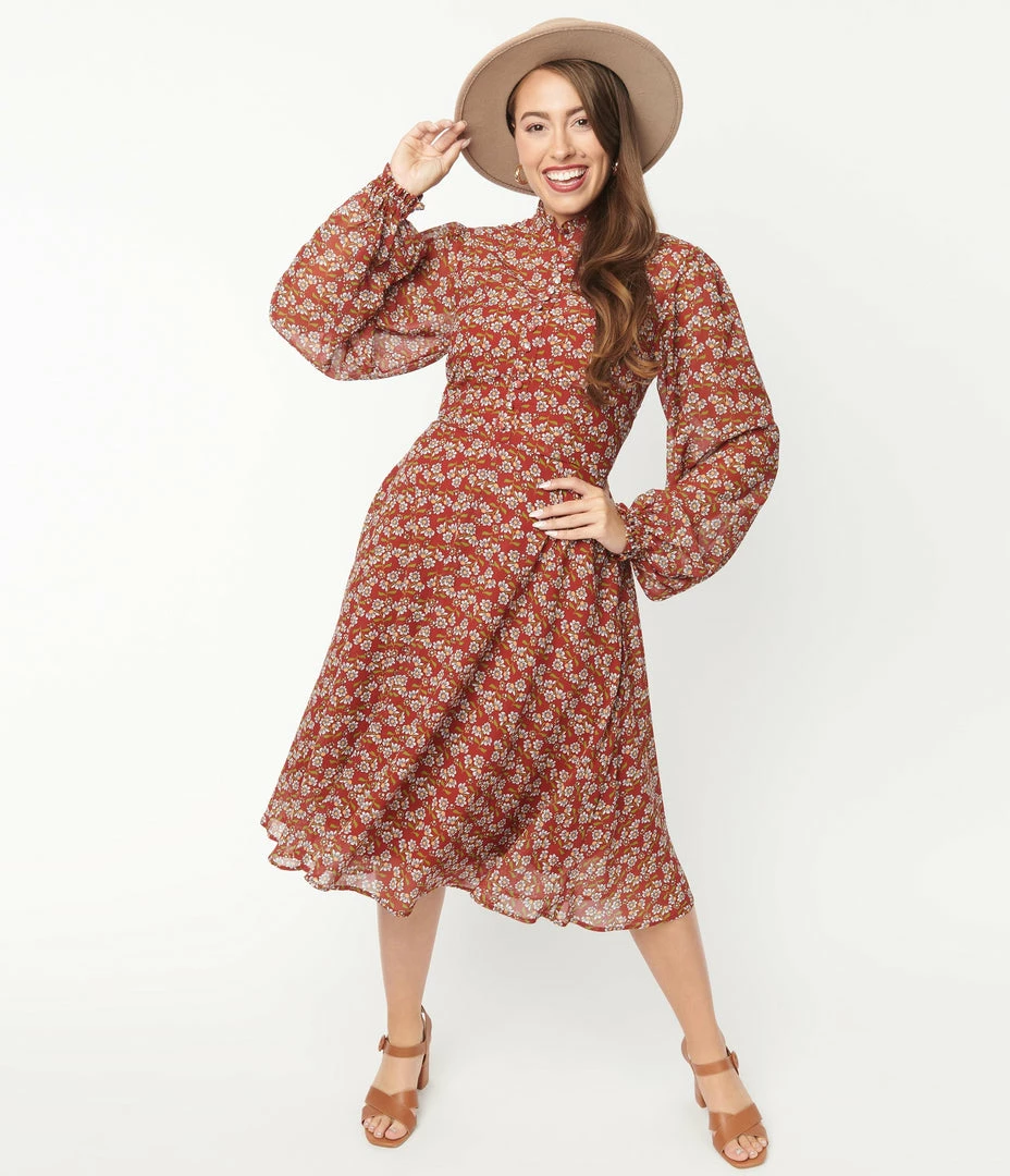 Sale Unique Vintage Rust & White Floral Leota Swing Dress