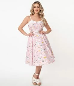 Unique Vintage Pink & Fairytale Print Rachel Swing Dress