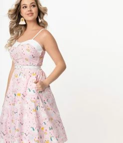 Unique Vintage Pink & Fairytale Print Rachel Swing Dress